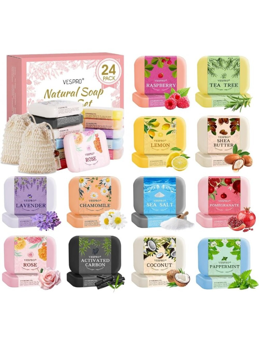 24-Pack Natural Bar Soap Gift Set | Moisturizing Body Wash, Perfect for Gifts